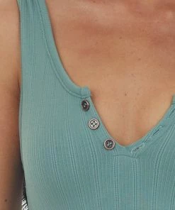 By Together Sage Ribbed Knit Notch Neck Cropped Tank Top