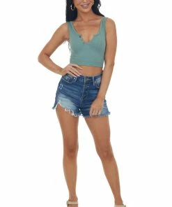 By Together Sage Ribbed Knit Notch Neck Cropped Tank Top