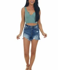 By Together Sage Ribbed Knit Notch Neck Cropped Tank Top