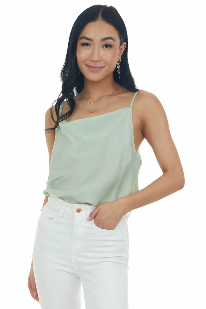 Umgee Sage Sheen Draped Neck Adjustable Strap Cami Tops 3 Umgee Sage Sheen Draped Neck Adjustable Strap Cami Tops
