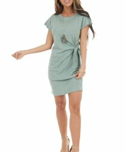Wishlist Sage Short Sleeve Knit Dress With Side Tie Detail