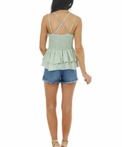 Entro Sage Sleeveless Layered Babydoll Top With Lace Details
