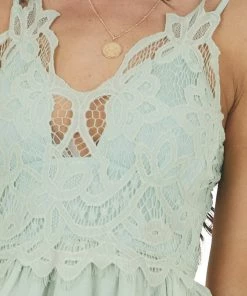 Entro Sage Sleeveless Layered Babydoll Top With Lace Details