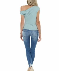 SANS SOUCI Tops Sage Sleeveless Off Shoulder Top With Draped Neckline