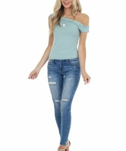 SANS SOUCI Tops Sage Sleeveless Off Shoulder Top With Draped Neckline