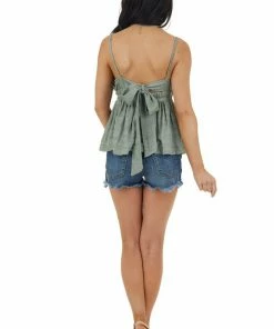 Mustard Seed Sage Sleeveless Open Back Tie Blouse With Cut Out Trim Tops