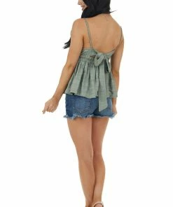 Mustard Seed Sage Sleeveless Open Back Tie Blouse With Cut Out Trim Tops