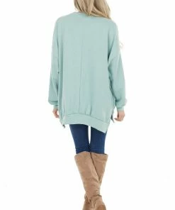 Blue Buttercup Sage Sweatshirt With Kangaroo Pocket And Side Slits Tops