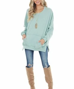 Blue Buttercup Sage Sweatshirt With Kangaroo Pocket And Side Slits Tops