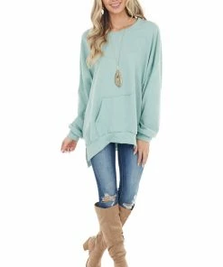 Blue Buttercup Sage Sweatshirt With Kangaroo Pocket And Side Slits Tops