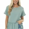 Wishlist Sage Textured Woven Top With Asymmetrical Layered Peplum Tops