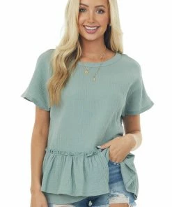 Wishlist Sage Textured Woven Top With Asymmetrical Layered Peplum Tops