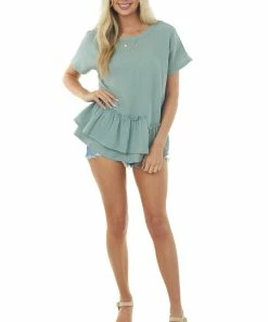 Wishlist Sage Textured Woven Top With Asymmetrical Layered Peplum Tops