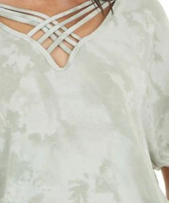 American Chic Sage Tie Dye Knit Top With Criss Cross V Neckline Tops 22 American Chic Sage Tie Dye Knit Top With Criss Cross V Neckline Tops