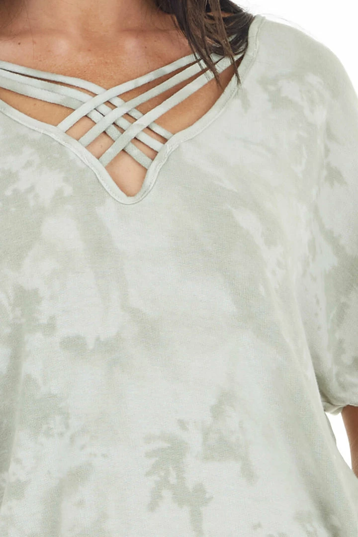American Chic Sage Tie Dye Knit Top With Criss Cross V Neckline Tops 9 American Chic Sage Tie Dye Knit Top With Criss Cross V Neckline Tops
