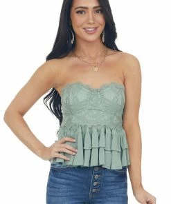 Entro Sage Tiered Ruffle Strapless Lace Woven Top