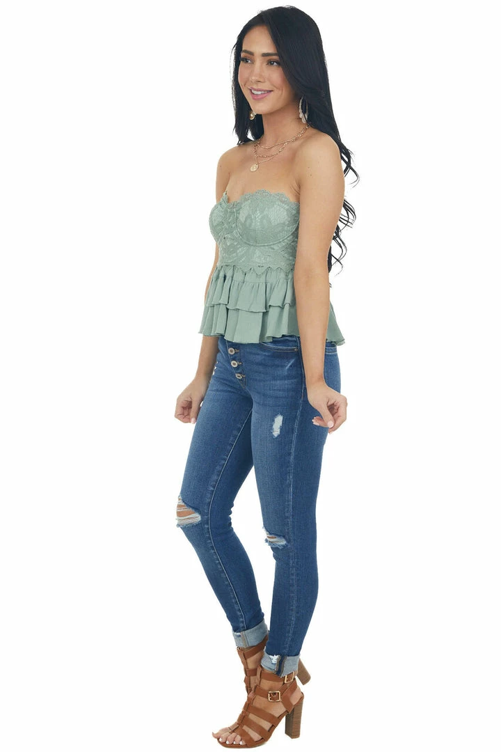 Entro Sage Tiered Ruffle Strapless Lace Woven Top 8 Entro Sage Tiered Ruffle Strapless Lace Woven Top