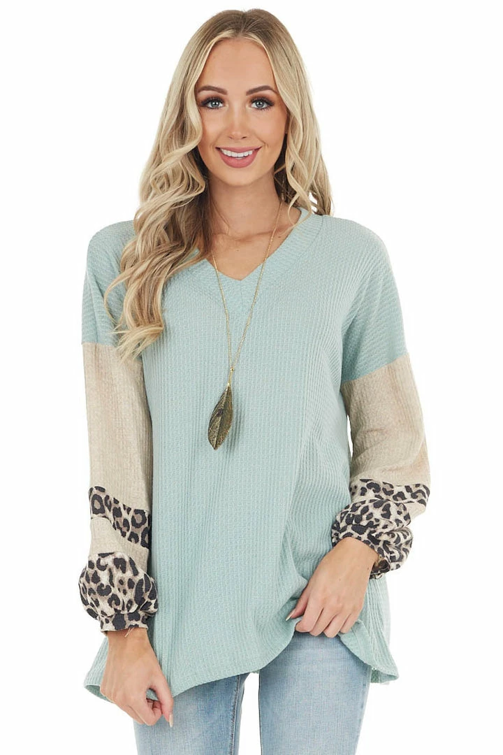 Lovely Melody Sage Waffle Knit Top With Oatmeal And Leopard Print Sleeves 3 Lovely Melody Sage Waffle Knit Top With Oatmeal And Leopard Print Sleeves