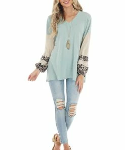 Lovely Melody Sage Waffle Knit Top With Oatmeal And Leopard Print Sleeves 20 Lovely Melody Sage Waffle Knit Top With Oatmeal And Leopard Print Sleeves