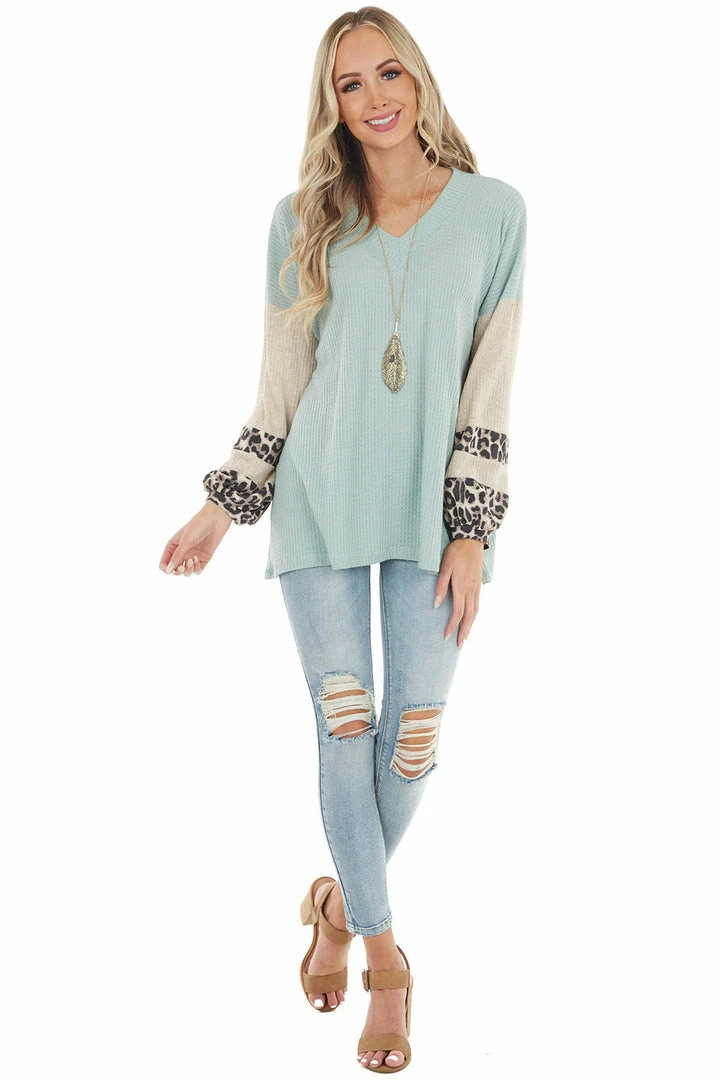 Lovely Melody Sage Waffle Knit Top With Oatmeal And Leopard Print Sleeves 5 Lovely Melody Sage Waffle Knit Top With Oatmeal And Leopard Print Sleeves