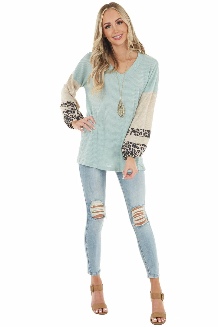 Lovely Melody Sage Waffle Knit Top With Oatmeal And Leopard Print Sleeves 6 Lovely Melody Sage Waffle Knit Top With Oatmeal And Leopard Print Sleeves