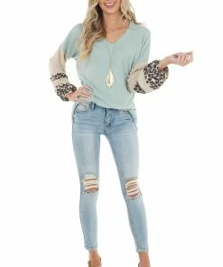 Lovely Melody Sage Waffle Knit Top With Oatmeal And Leopard Print Sleeves 22 Lovely Melody Sage Waffle Knit Top With Oatmeal And Leopard Print Sleeves