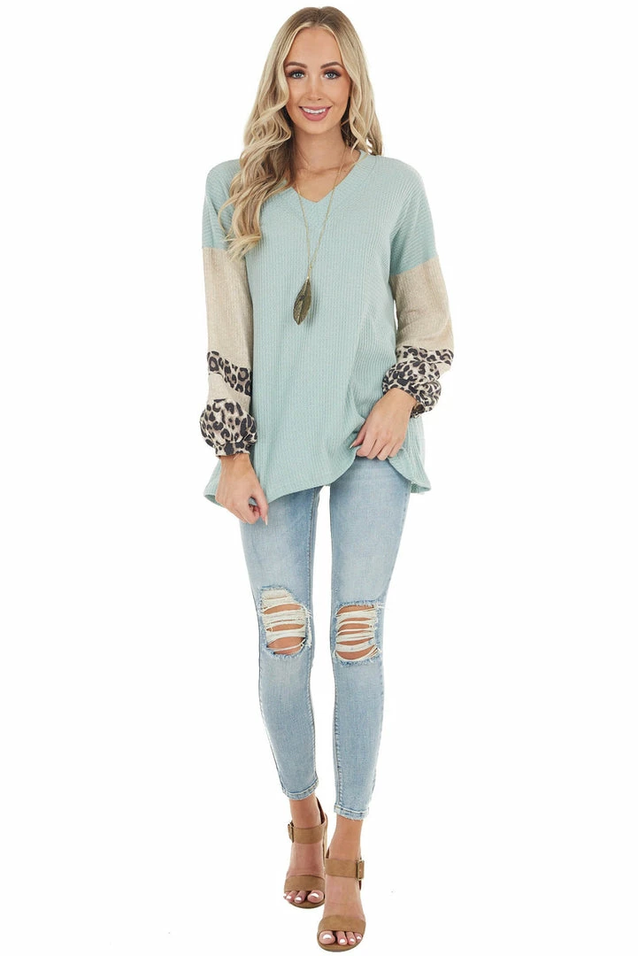 Lovely Melody Sage Waffle Knit Top With Oatmeal And Leopard Print Sleeves 4 Lovely Melody Sage Waffle Knit Top With Oatmeal And Leopard Print Sleeves
