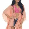 Umgee Salmon Floral Embroidered Waist Tie Kimono