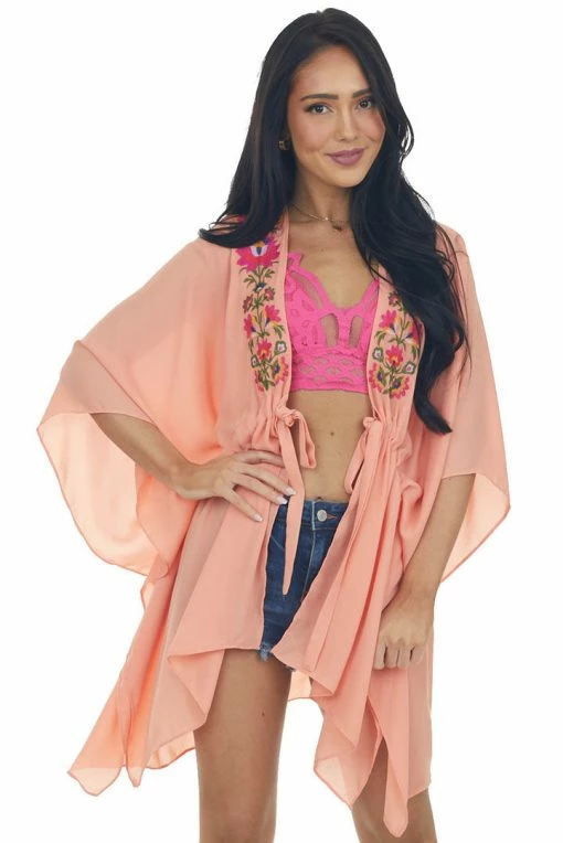 Umgee Salmon Floral Embroidered Waist Tie Kimono