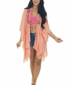 Umgee Salmon Floral Embroidered Waist Tie Kimono