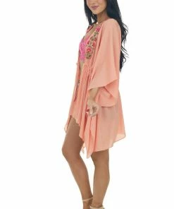 Umgee Salmon Floral Embroidered Waist Tie Kimono