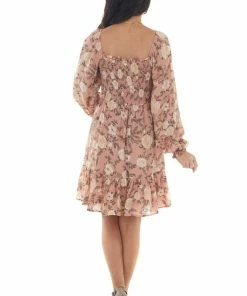 Blu Pepper Salmon Floral Print Smocked Short Dress Dresses