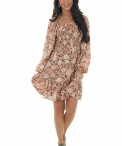 Blu Pepper Salmon Floral Print Smocked Short Dress Dresses