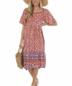 Umgee Salmon Floral Print Square Neck Midi Dress Dresses