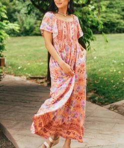 Hailey & Co Salmon Floral Print Square Neck Woven Maxi Dress