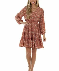 Hayden Dresses Salmon Floral Puff Sleeve Tiered Blouson Dress