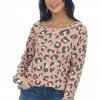 BiBi Tops Salmon Leopard Long Sleeve Boat Neck Knit Top