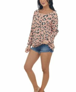 BiBi Tops Salmon Leopard Long Sleeve Boat Neck Knit Top