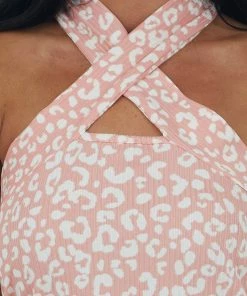 Vine & Love Tops Salmon Leopard Print Halter Neck Tank Top