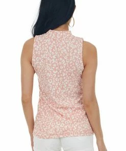 Vine & Love Salmon Leopard Print Sleeveless Mock Neck Top Tops