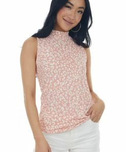 Vine & Love Salmon Leopard Print Sleeveless Mock Neck Top Tops
