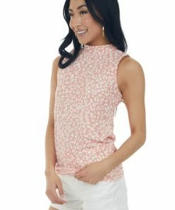 Vine & Love Salmon Leopard Print Sleeveless Mock Neck Top Tops