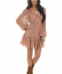 Flying Tomato Salmon Paisley Print Bubble Sleeve Mini Dress Dresses 21 Flying Tomato Salmon Paisley Print Bubble Sleeve Mini Dress Dresses