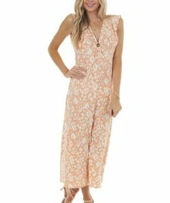 Ces Femme Salmon Printed Short Sleeve Jumpsuit With Front Ring Keyhole