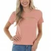 BOMBOM Salmon Ribbed Knit Short Sleeve Top With Chest Cutout Tops 1 BOMBOM Salmon Ribbed Knit Short Sleeve Top With Chest Cutout Tops