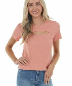BOMBOM Salmon Ribbed Knit Short Sleeve Top With Chest Cutout Tops