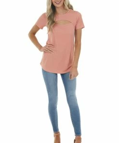 BOMBOM Salmon Ribbed Knit Short Sleeve Top With Chest Cutout Tops