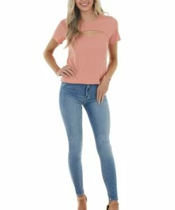 BOMBOM Salmon Ribbed Knit Short Sleeve Top With Chest Cutout Tops