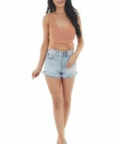 HYFVE Tops Salmon Sleeveless Knit Crop Top With Front Twist Detail