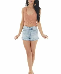 HYFVE Tops Salmon Sleeveless Knit Crop Top With Front Twist Detail